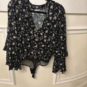 Free People Black and Gray Floral Top